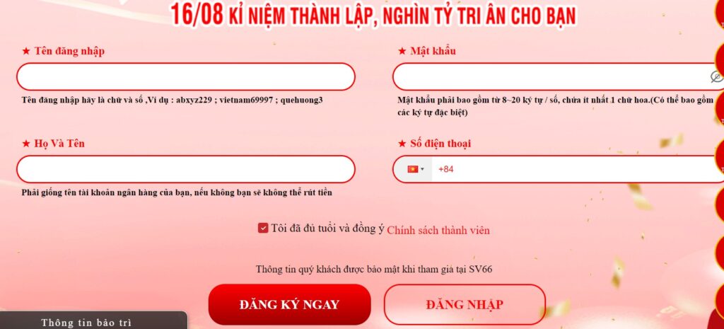 Những thông tin bắt buộc mà người chơi phải điền khi đăng ký SV66 